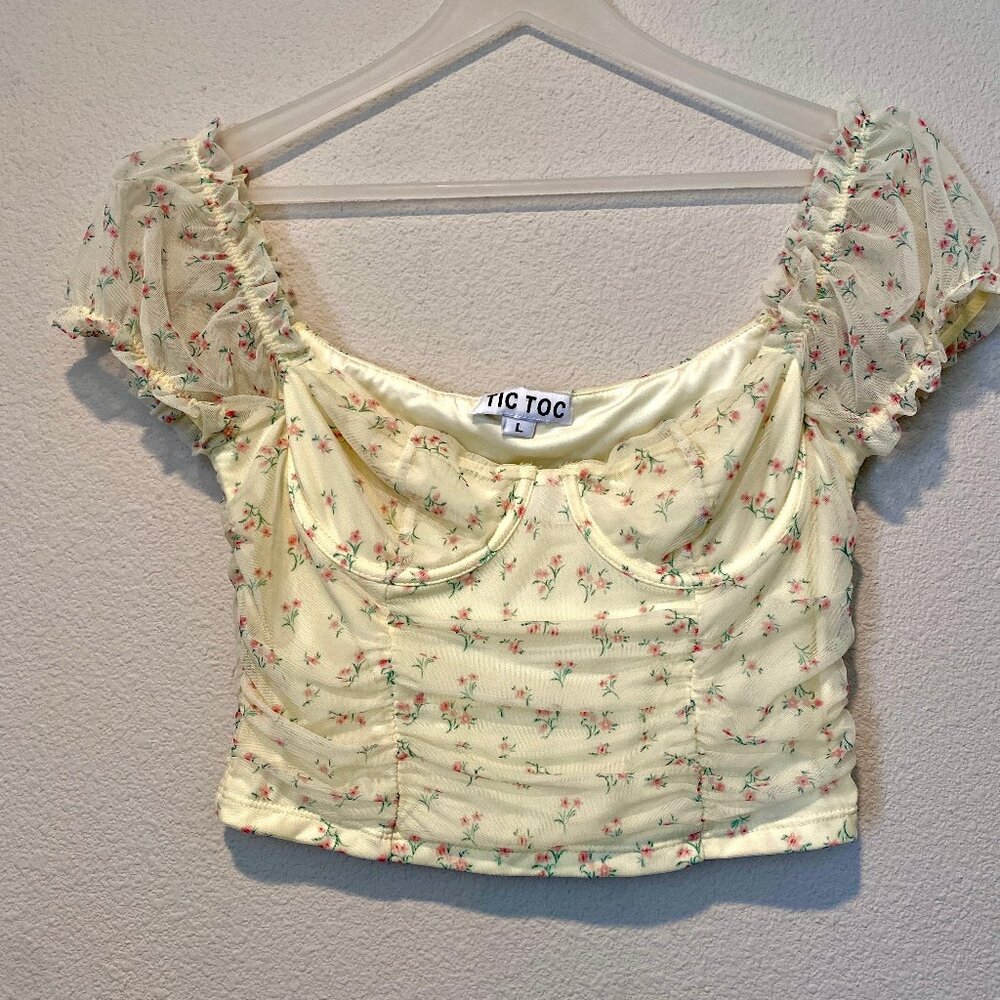Yellow Floral Coquette Fairy Corset Style Crop Top Size Large